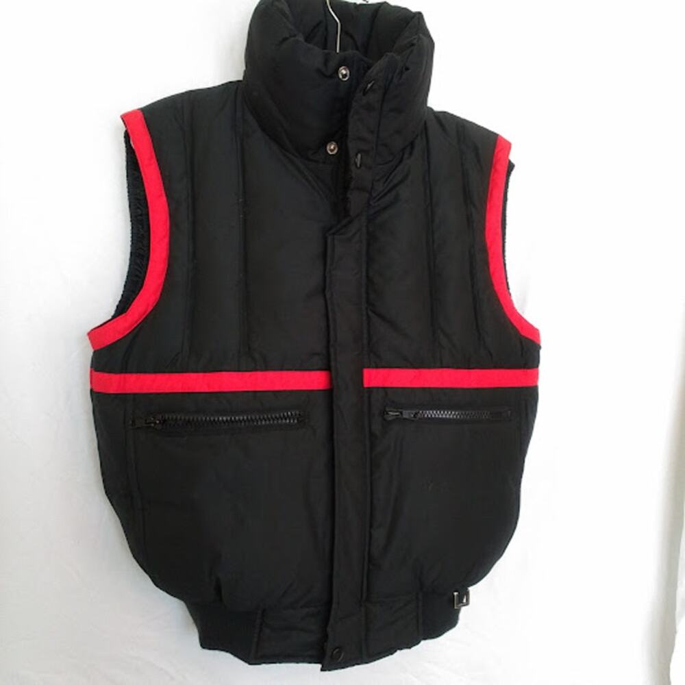Late 1980's Vintage Profile Down Puffer Vest Black Red Trim Size Small